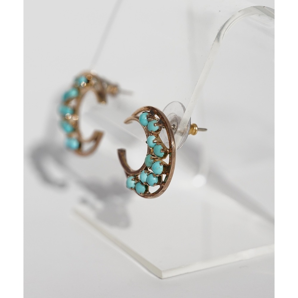 Vintage 10-14k Solid Gold Natural Persian Turquoise Crescent Moon Stud Earrings - Picture 6 of 6